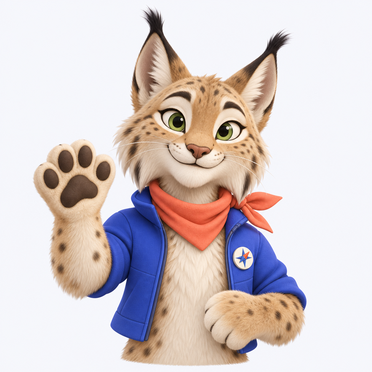 Kaptli, un lynx au foulard corail et à la veste bleue, lève la patte pour vous accueillir.